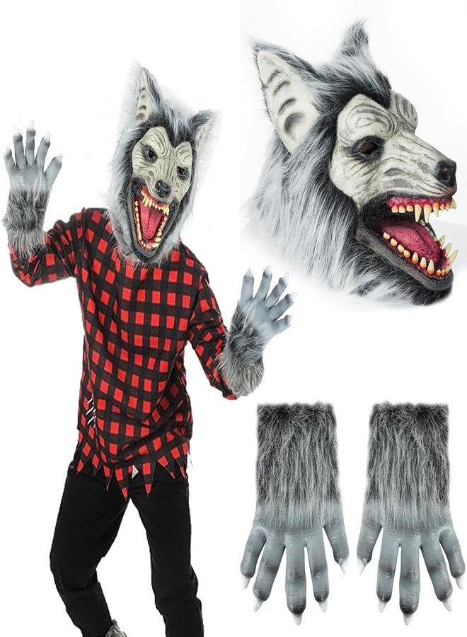 SUNREEK Halloween Horror Wolf Mask with Claws, Party Cosplay Costume Werewolf Mask, Scary Wolf Head Mask for Halloween Costumes (Wolf) - Image 1